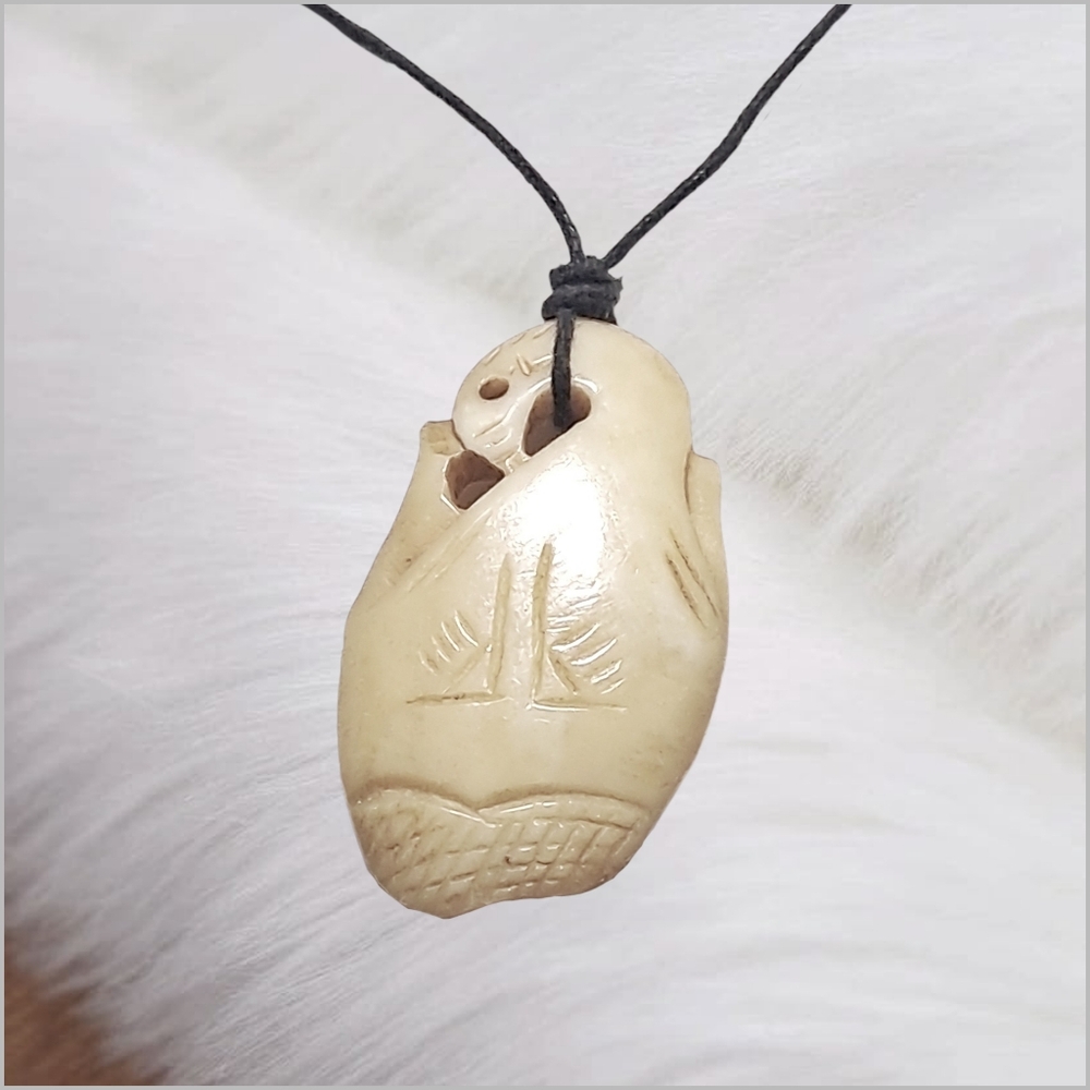 Elegant Cream Carved Bone Pendant with Black Cord Adjustable Necklace